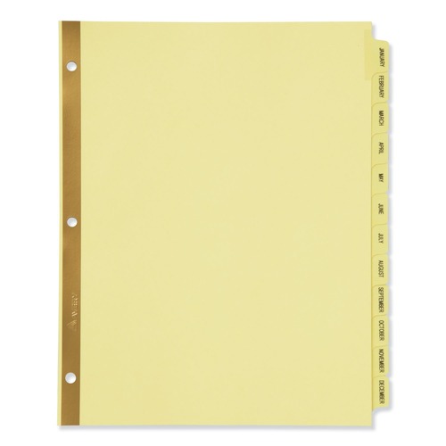 Office Jansan | Avery 11307 11 in. x 8.5 in. 12-Tab Preprinted Laminated Jan. to Dec. Tab Dividers with Gold Reinforced Binding Edge - Buff (1-Set) image number 0