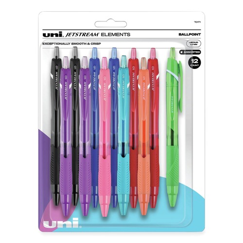 Office Jansan | uni-ball 70171 Medium 1 mm Retractable Jetstream Elements Hybrid Gel Pen - Assorted Ink and Barrel Colors (12/Pack) image number 0