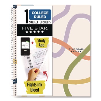 Five Star Simple Waves Organic Lines Notebook with Study App, 1-Subject, Med/College Rule, Assorted Cover Color (80) 11 x 8.5 Sheets