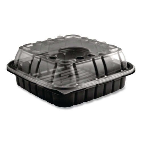 Food Trays, Containers, and Lids | Anchor 4118501 33 oz. 8.46 in. x 3.16 in. Plastic Crisp Foods Technologies Containers - Clear/Black (180/Carton) image number 0