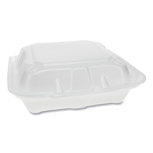  | Pactiv Corp. YTD188030000 8.42 in. x 8.15 in. x 3 in. Dual Tab Lock Foam Hinged Lid Containers - White (150/Carton) image number 0