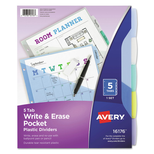 Office Jansan | Avery 16176 Write and Erase 11.13 in. x 9.25 in. 5-Tab 3-Hold Punched Durable Plastic Dividers with Slash Pocket - Assorted (1-Set) image number 0