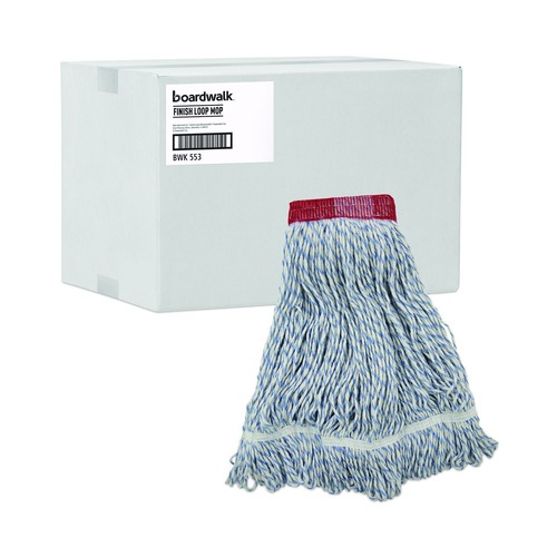 Customer Appreciation Sale - Save up to $60 off | Boardwalk BWK553 Rayon/Polyester Wide Floor Finish Mop Head - Large, White/Blue (12/Carton) image number 0