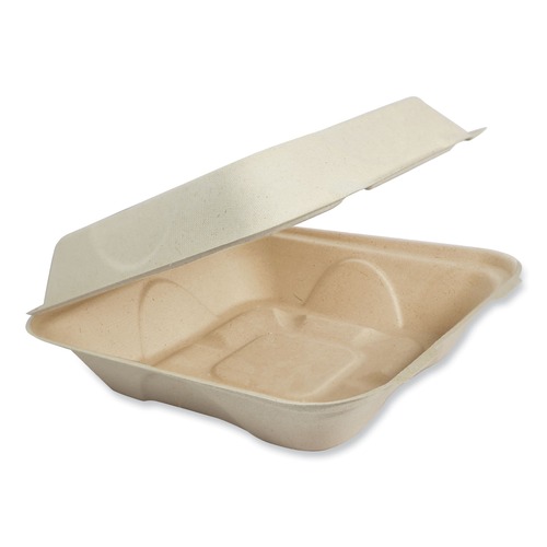 Food Trays, Containers, and Lids | World Centric TO-SC-U85-3-LFP 7 in. x 8.3 in. x 3.2 in. Paper Fiber Hinged Containers - Natural (300/Carton) image number 0