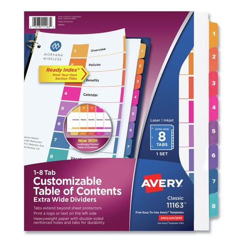 Office Jansan | Avery 11163 Ready Index 11 in. x 9.25 in. 8-Tab 1 to 8 Extra Wide Tabs Customizable TOC Dividers - Multicolor Tabs/White (1-Set) image number 0