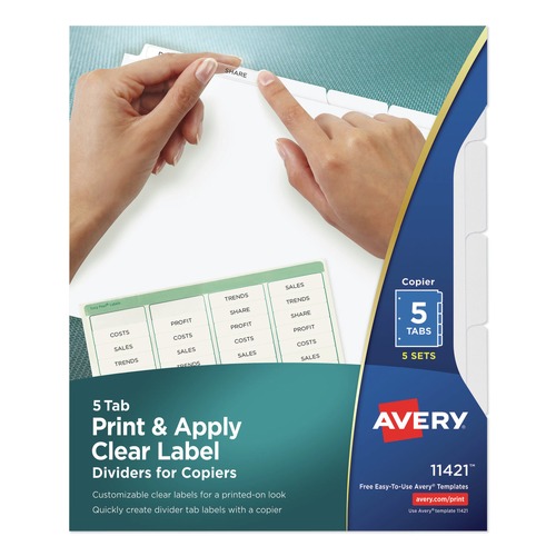 Office Jansan | Avery 11421 Index Maker 11 in. x 8.5 in. 5-Tab Copiers Print and Apply Clear Label Dividers - White (5/Pack) image number 0