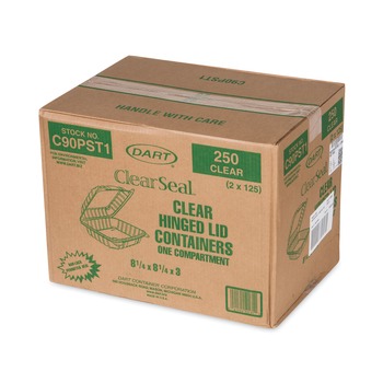 Dart C90PST1 ClearSeal 8.3 in. x 8.3 in. x 3 in. Hinged-Lid Plastic Containers - Clear (250/Carton)
