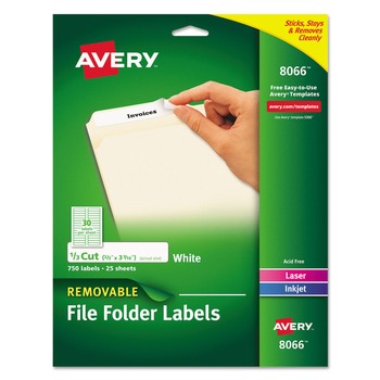 Avery 0.66 in. x 3.44 in. Removable File Folder Labels with Sure Feed Technology - White (30/Sheet, 25 Sheets/Pack)