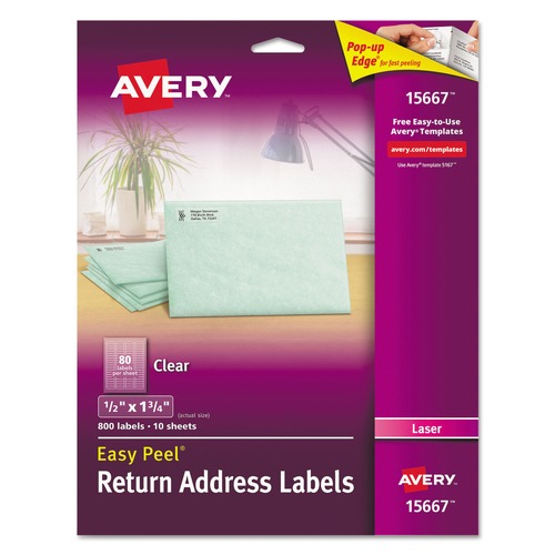  | Avery 15667 0.5 in. x 1.75 in. Easy Peel Mailing Labels with Sure Feed Technology - Matte, Clear (80/Sheet, 10 Sheets/Pack) image number 0