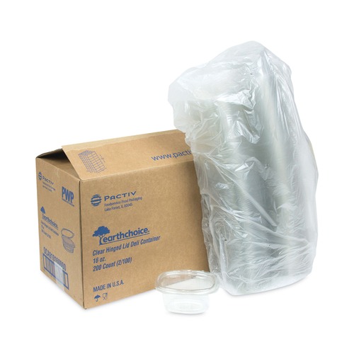Food Trays, Containers, and Lids | Pactiv Corp. 0CA910160000 EarthChoice 4.92 in. x 5.87 in. x 2.48 in. 16 oz. Plastic Recycled PET Hinged Container - Clear (200/Carton) image number 0
