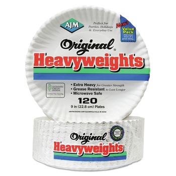 AJM Packaging Corporation 9 in. Diameter Original Heavyweights Paper Plates - White (120/Pack, 8 Packs/Carton)