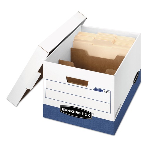  | Bankers Box 0083601 12.75 in. x 16.5 in. x 10.38 in. R-KIVE Heavy-Duty Letter/Legal Storage Boxes with Dividers - White/Blue (12/Carton) image number 0