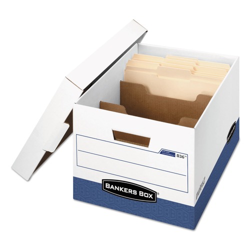 Office Jansan | Bankers Box 0083601 12.75 in. x 16.5 in. x 10.38 in. R-KIVE Heavy-Duty Letter/Legal Storage Boxes with Dividers - White/Blue (12/Carton) image number 0