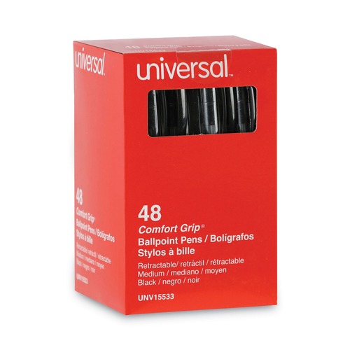  | Universal UNV15533 Medium 1 mm Black Ink Comfort Grip Retractable Ballpoint Pens (48/Pack) image number 0
