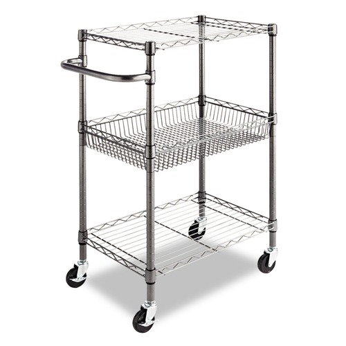 Mothers Day Sale! Save an Extra 10% off your order | Alera ALESW342416BA 28 in. x 16 in. x 39 in. 500-lb. Capacity Three-Tier Wire Rolling Cart - Black Anthracite image number 0