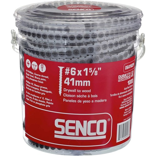 Collated Screws | SENCO 06A162P (1000/Pack) #6 1-5/8 in. Coarse Thread Bugle-Head Phillips Collated Sheet Metal Screw - Gray Phosphate image number 0