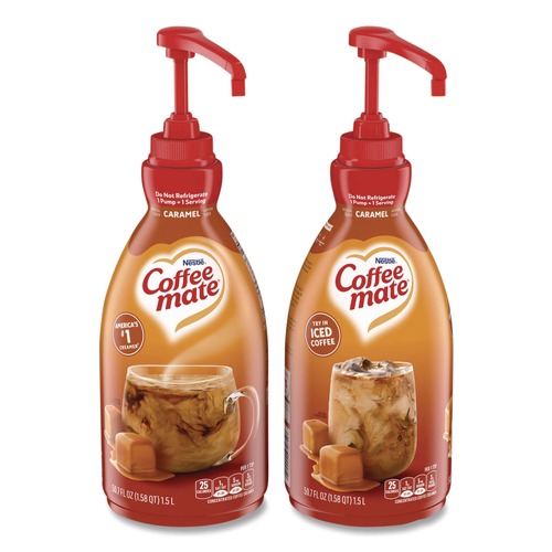 Food Service | Coffee-Mate 12536266 50.7 oz. Liquid Creamer Pump Bottle - Caramel (2/Carton) image number 0