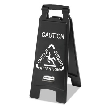 Rubbermaid Commercial Executive 2-Sided 10-9/10 in. x 26-1/10 in. Multi-Lingual Caution Sign - Black/White