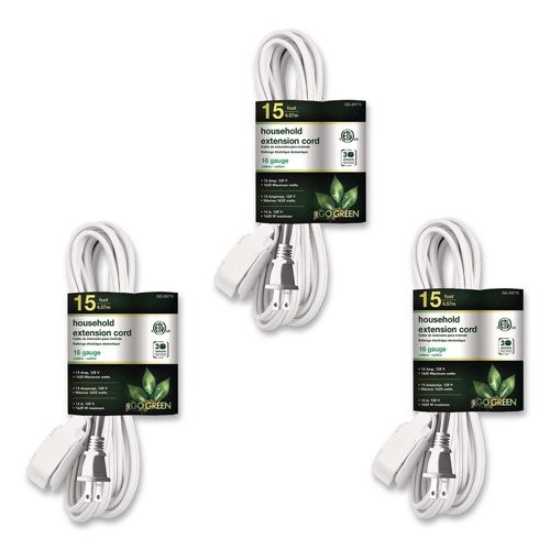 Office Electronics & Batteries | GoGreen Power GG-24715-3 15 ft. 13 Amps Household Extension Cord - White (3/Pack) image number 0