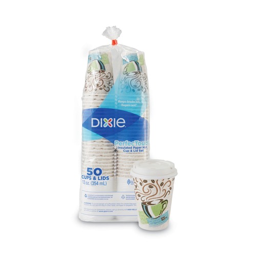 Office Jansan | Dixie 5342COMBO600 PerfecTouch 12 oz. Paper Hot Cups and Lids Combo - Multicolor (50/Pack) image number 0