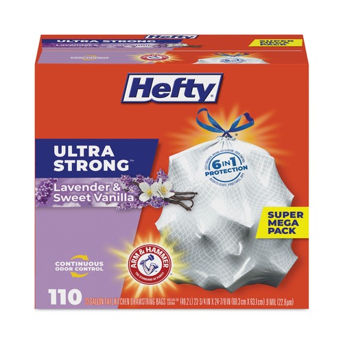 Cleaning & Janitorial Supplies | Hefty E8-8366 23.75 in. x 24.88 in. 13 gal. Ultra Strong Scented Drawstring Tall Kitchen Bags - Lavender/Vanilla, White (330/Carton) image number 0