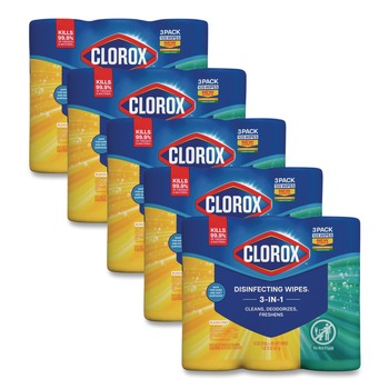 Clorox 7 in. x 8 in. 1-Ply Disinfecting Wipes - Fresh Scent/Citrus Blend (35/Canister, 3/Pack, 5 Packs/Carton)