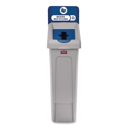 Trash & Waste Bins | Rubbermaid Commercial 2185055 Slim Jim Recycling Station Kit 1-Stream Mixed Recycling 23 gal Plastic Gray/Blue image number 0