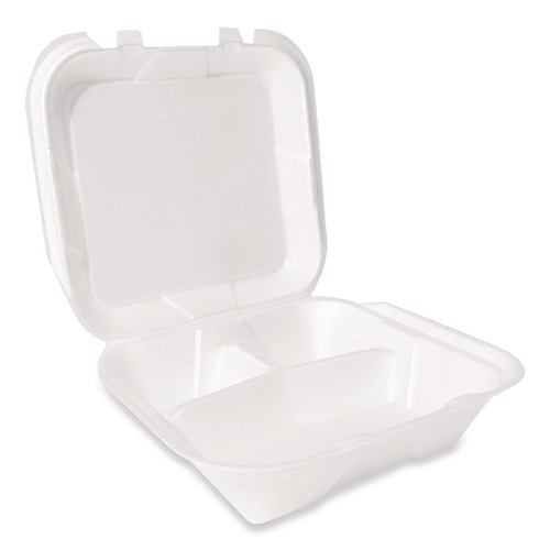 Food Service | Plastifar 12094 9 in. x 9 in. x 3 in. Secure Two Tab Latch Poly Bag 3 Compartments Foam Hinged Lid Container - White (200/Carton) image number 0
