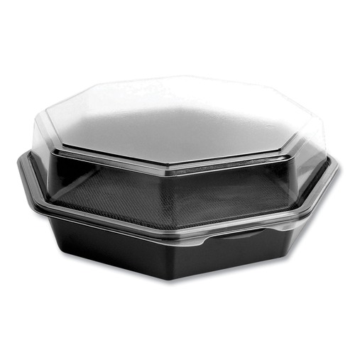 Food Trays, Containers, and Lids | SOLO 864056-AP94 OctaView 9.57 in. x 9.2 in. x 3.2 in. 42 oz. Plastic Hinged-Lid Cold Food Containers - Black/Clear (100/Carton) image number 0