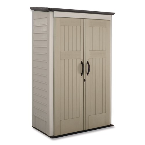 Office Furniture & Lighting | Rubbermaid FG5L3000SDONX Vertical Storage Shed 53 cu ft 2.5 ft x 4 ft x 7 ft Sandstone/Faint Maple image number 0