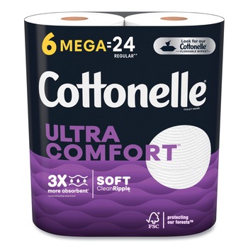 Cottonelle 55707 Ultra ComfortCare Toilet Paper, Soft Tissue, Mega Rolls, Septic Safe, 2-Ply, White, 284/Roll, 6 Rolls/Pack, 36 Rolls/Carton