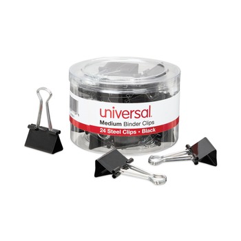 Universal UNV11124 Binder Clips in Dispenser Tub - Medium, Black/Silver (24/Pack)