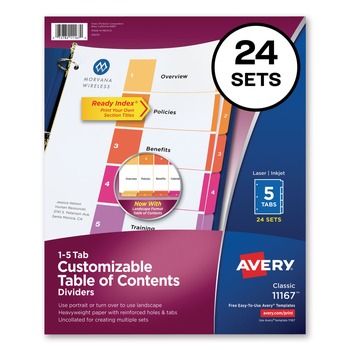 Avery 11167 Ready Index 11 in. x 8.5 in. 5-Tab 1 to 5 Uncollated Customizable TOC Dividers - Multicolor Tabs/White (24/Box)