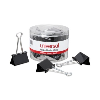 Universal Binder Clips with Storage Tub - Large, Black/Silver (12/Pack)