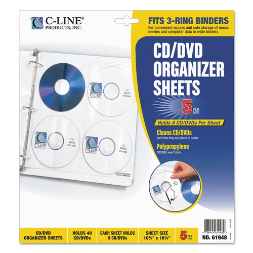 | C-Line 61948 Deluxe CD Ring Binder Storage Pages with 8-Disc Capacity - Clear/White (5/Pack) image number 0