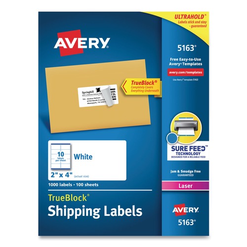 Office Jansan | Avery 05163 2 in. x 4 in. Shipping Labels with TrueBlock Technology - White (1000/Box) image number 0