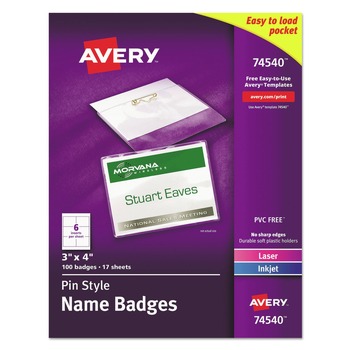 Avery 4 in. x 3 in. Top Load Pin-Style Badge Holder with Laser/Inkjet Insert - White (100/Box)