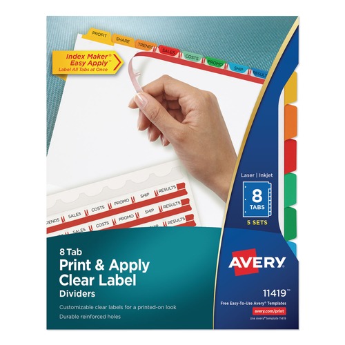 Office Jansan | Avery 11419 8-Tab Color Tabs 11 in. x 8.5 in. Traditional Color Tabs Print and Apply Index Maker Clear Label Dividers (5/Pack) image number 0