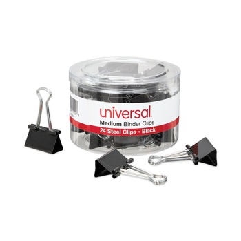 Universal Binder Clips with Storage Tub - Medium, Black/Silver (24/Pack)