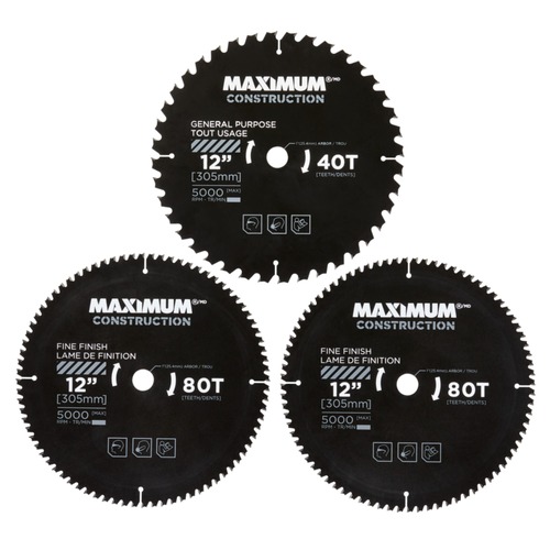 Table Saw Blades | Maximum CTI0542576 (3-Piece) 12 in. 40/80T Carbide Tipped Circular Saw Blade Set for Wood image number 0