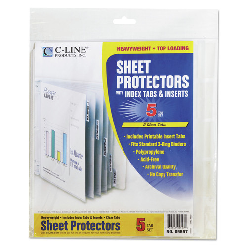 C-Line 05557 3-Hole Punched Top Load 8.5 in. x 11 in. Insert Heavy-Duty Sheet Protectors with 5 Clear Index Tabs - Clear (5/Set)