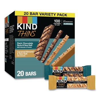 KIND 0.74 oz Thins Bar Variety Pack - Caramel Almond and Sea Salt/Dark Chocolate Nuts and Sea Salt (20/Box)
