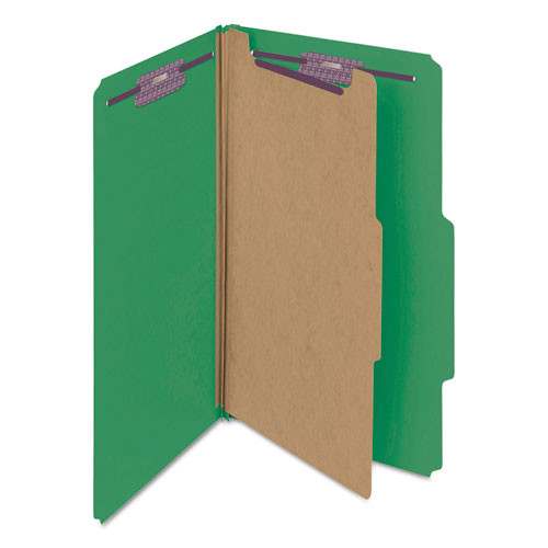 File Folders | Smead 18733 Four SafeSHIELD Fasteners 1 Divider Legal Size Four-Section Pressboard Top Tab Classification Folders - Green (10/Box) image number 0