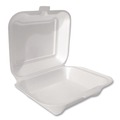 Food Service | Plastifar 12039 7.81 in. x 8.75 in. x 3.38 in. Secure One Tab Latch 3 Compartments Foam Hinged Lid Container - White (200/Pack) image number 1