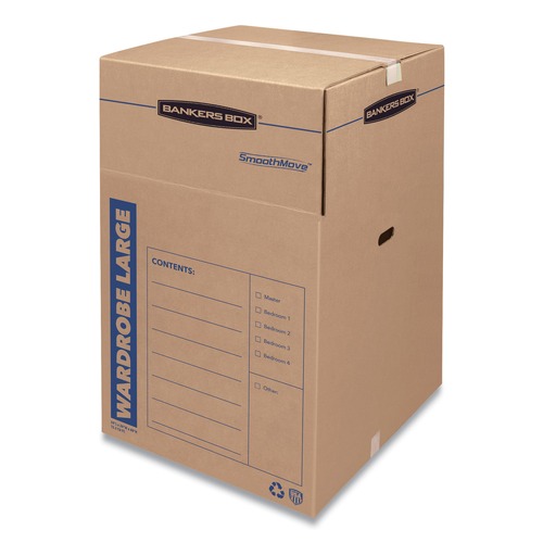 Office Jansan | Bankers Box 7711001 SmoothMove 24 in. x 24 in. x 40 in. Regular Slotted Container Wardrobe Box - Brown/Blue (3/Carton) image number 0