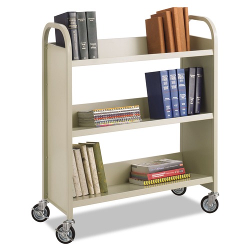 Cleaning Carts | Safco 5358SA 36 in. x 18.5 in. x 43.5 in. 300 lbs. Capacity 3 Shelves Metal Steel Double-Sided Book Cart -  Sand image number 0