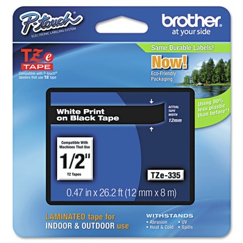Brother P-Touch TZE335 0.47 in. x 26.2 ft. TZe Standard Adhesive Laminated Labeling Tape - White on Black