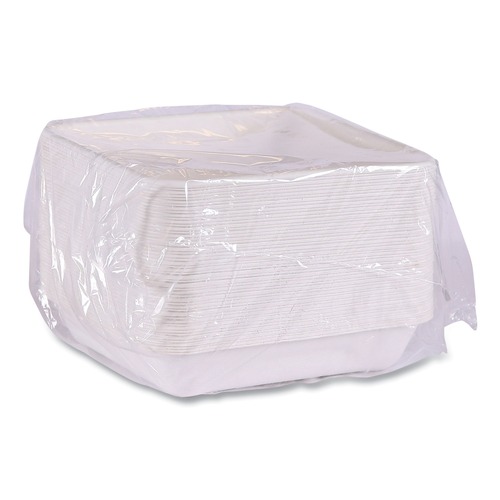 Food Trays, Containers, and Lids | Eco-Products EP-SCS9TNFA 47 oz 9 x 9 x 1.5 Vanguard Worldview Renewable and Compostable Sugarcane Take-Out Containers - White (200/Carton) image number 0
