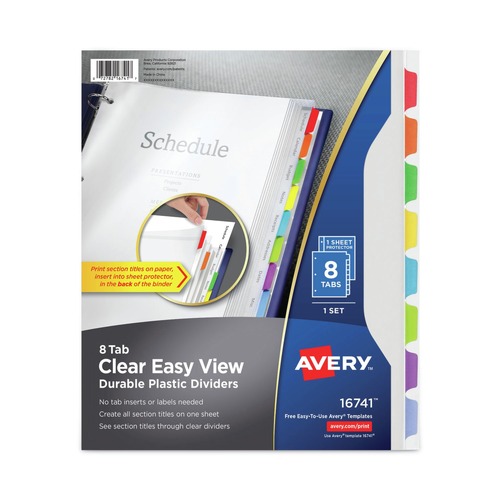 Office Jansan | Avery 16741 8-Tab 11 in. x 8.5 in. Easy View Plastic Dividers with Multicolored Tabs and Sheet Protector - Clear (1-Set) image number 0