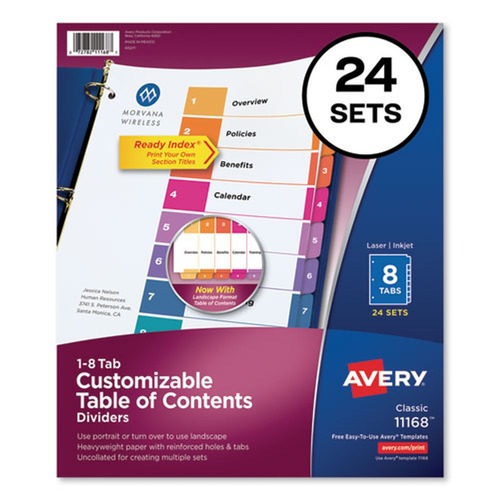 Office Jansan | Avery 11168 Ready Index 11 in. x 8.5 in. 8-Tab 1 to 8 Uncollated Customizable TOC Dividers - Multicolor Tabs/White (24/Box) image number 0